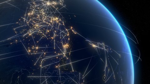 Global communication through a network of connections in Asia and around the world. Concept of internet, social media, traveling. High resolution textures of city lights, earth and stars. 4k.