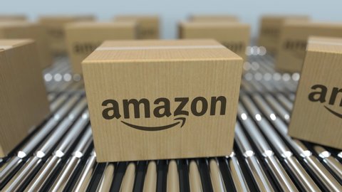 Carton boxes with Amazon logo move on roller conveyor. Conceptual editorial loopable animation