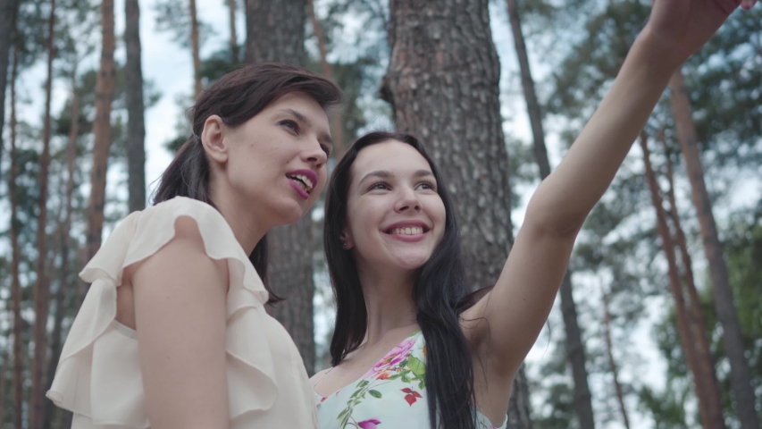 Portrait two cute young women wear dresses standing against the background of a pine forest and looking at amazing view of nature. Pretty girls walk outside the city. Adorable girlfriends outdoors.