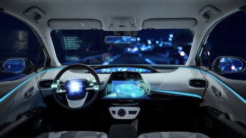 Cockpit of an autonomous car. Driverless vehicle.