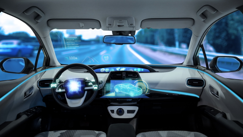 Cockpit of an autonomous car. Driverless vehicle. Royalty-Free Stock Footage #1030392791