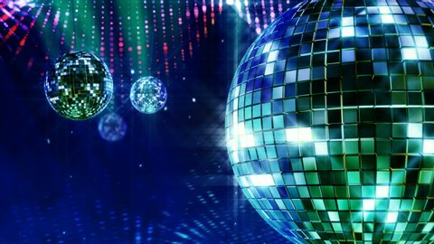 Background animation of spinning disco ball with party lighting and floating particles. Seamless Loop able animated motion background for all purpose. 