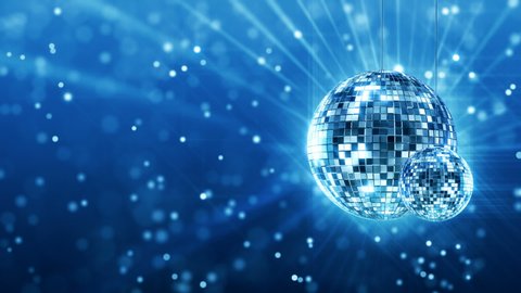 Background animation of spinning disco ball with party lighting and rays with floating and falling particles. Seamless Loop able animated motion background for all purpose. 