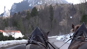 Bavarian horses carrying group of tourists for a ride to Neuschwanstein castle point of view from the carriage 4k footage