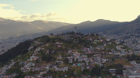 Panecillo Downtown Quito City Traveling Aerial View. Ecuador