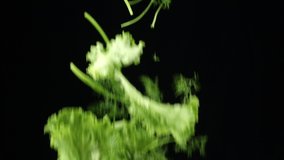 Fresh juicy green onions, lettuce and dill drops in slow motion on a black background background. cooking concept. vegetarian dishes. cooking organic salad - Powered by Shutterstock - Get 15% off with code: PIKWIZARD15