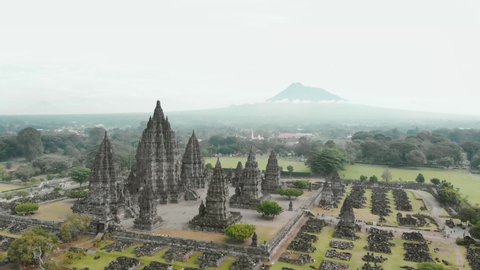 Prambanan Temple and Merapi Mountain Aerial Footage