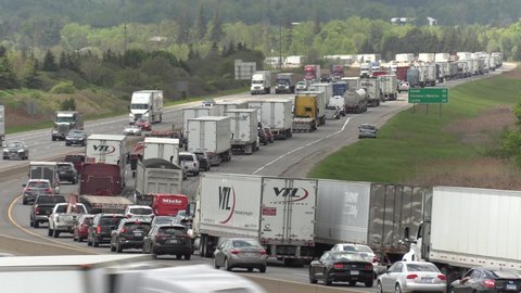 Milton, Ontario, Canada May 2019 Massive gridlock traffic jam in the highway west of Toronto