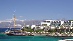Greece Island 4K Travel Video. Boat Blue Water Ocean Sea Coast
