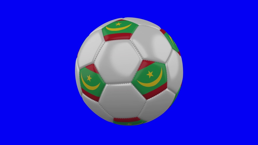 Soccer ball with Mauritania flag rotates on blue chroma key background, loop