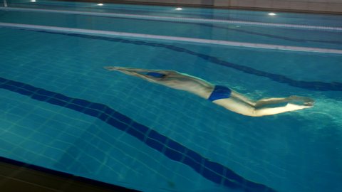 Professional swimmer performing butterfly stroke during training in modern swimming pool at night, 4k steady shot