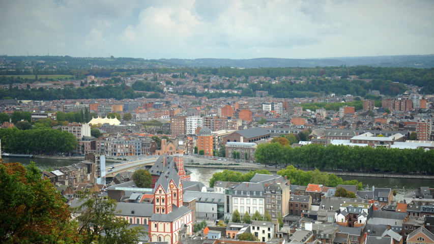 Time Lapse Aerial View of Liege City Skyline Cars Traffic Jam and Belgian Church