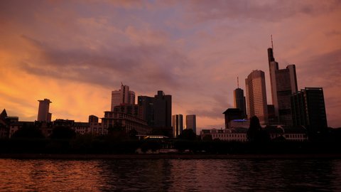Time Lapse of Frankfurt City Skyline Iconic Corporate Towers Sunset Red Clouds