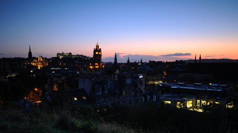 Time Lapse Aerial View Edinburgh Skyline Famous Tourist Attraction Dusk to Night