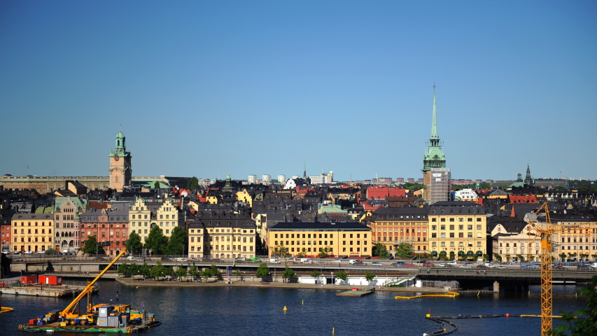 Time Lapse Aerial View of Stockholm City Skyline Landmark and Cars Traffic Jam