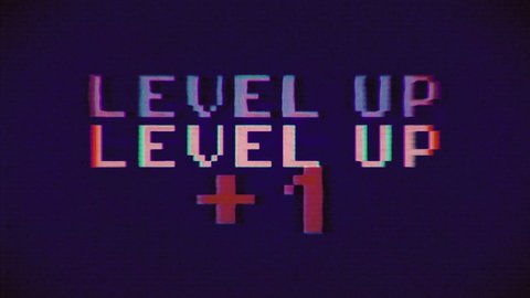 A pink and purple videogame screen animation, with the text Level up - Plus one. VHS vignetted capture effect.
