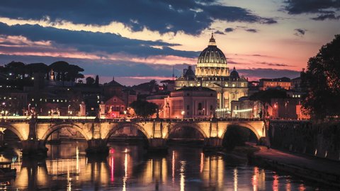 hyper lapse of St. Peter's Basilica, Sant Angelo Bridge, Vatican, Rome, Italy