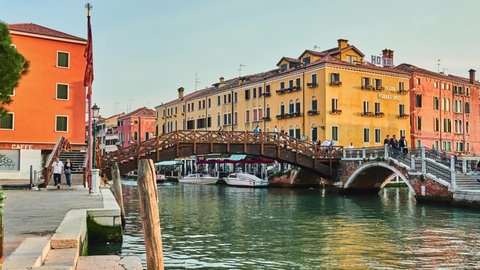 VENICE, ITALY - APRIL 23 2018: Bridge of the three bridges, Rio delle Burchielle and Rio Novo