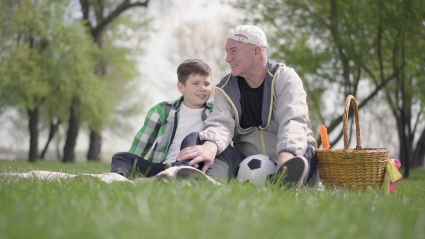 Old man sitting with his grandson on the blanket in the park. The boy pointing away, showing some details to man. Family leisure outdoors. Grandpa spending time with his grandkid. Generations concept Royalty-Free Stock Footage #1030464602