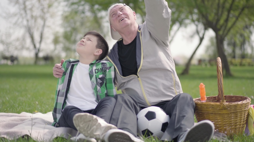 Old man sitting with his grandson on the blanket in the park, pointing up, showing some details to the boy. Family leisure outdoors. Grandpa spending time with his grandkid. Generations concept Royalty-Free Stock Footage #1030464608
