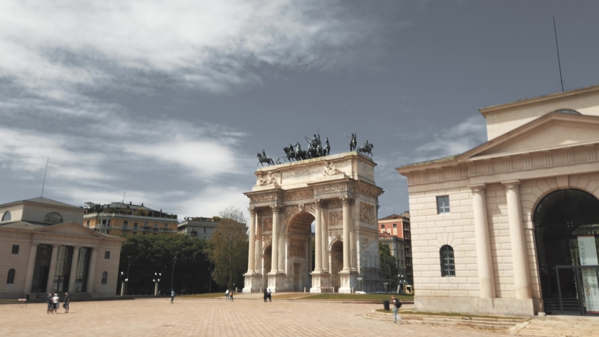 Hyperlapse of Porta Sempione ("Sempione Gate") Milan, Italy. The gate is marked by a landmark triumphal arch called Arco della Pace ("Arch of Peace")