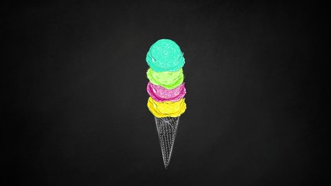 Colorful animation  of ice-cream on black board background. Colorful ice cream scoop. Chalk cone. Video de stock
