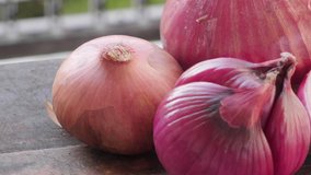 Close up footage of raw onions. Selective focus. Tracking shot.