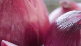 Close up footage of raw onions. Selective focus. Panning to the right.