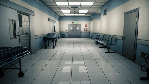 Empty hospital endless corridor. Empty corridor of the clinic. A long endless hallway with doors. The corridor of the medical center. Mysterious deserted corridor. Looped realistic 3D animation.