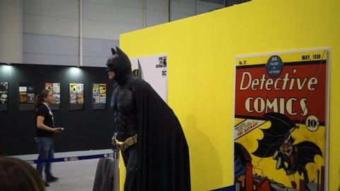 Rome, 7 April 2019: Visitors to the celebratory exhibition dedicated to the DC Comics character BATMAN at the Romics spring 2019 in Rome