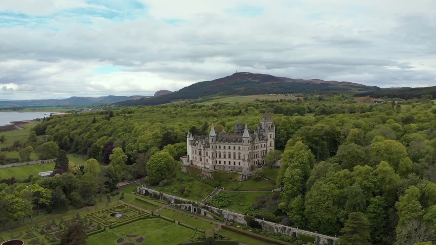 Great view of Dunrobin Castle / Highlands in Scotland by drone