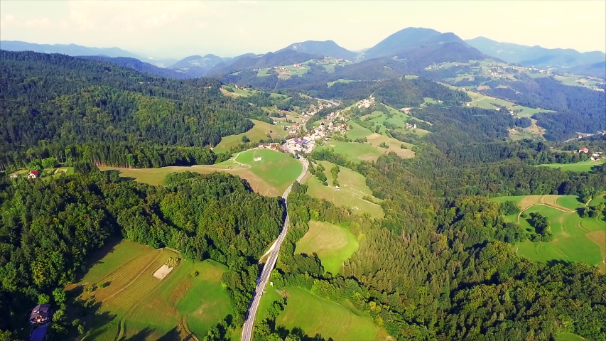 Aerial view of the village in the mountains of Triglav nationan park in Slovenia.2.7K. Summer,2018.