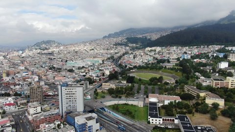 Aerial shot of Central north of Quito Ecuador, old town. America Street