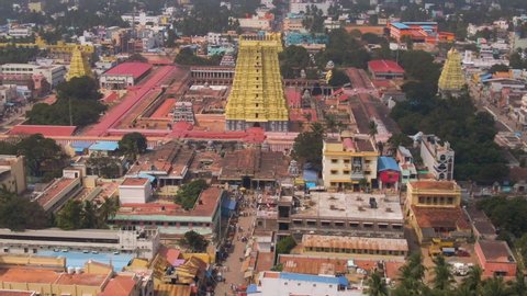 Rameswaram ancient Shiva temple, India 4k aerial skyline and ocean drone view