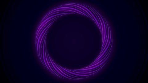 Abstract glowing ring from twisting fiber with blinking colors isolated on black background. Animation. Shining purple and blue colored circle, seamless loop.
