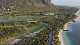 Aerial footage of golf course at Le Morne peninsula Mauritius