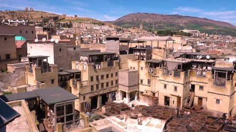 Panorama of traditional leather tannery Fez medina, Morocco