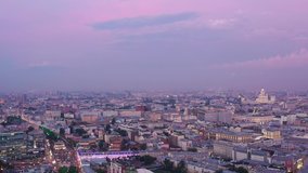 Pink sunset after rain in the center of Moscow. Video shooting from the drone, beautiful views of the big city.