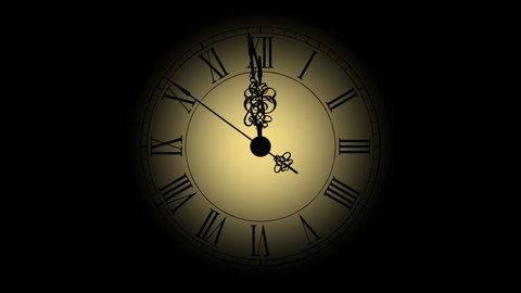 12 o'clock, illustration of old style clock.
Dial, second hand, hour hand, minute hand, with atmosphere
