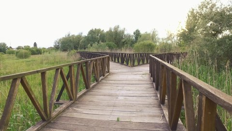 The route with two pathways in nature, made from wooden boards.