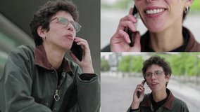 Collage of medium and close up shots of middle-aged Caucasian short-cut woman in spectacles sitting outside, talking on phone, having different emotions. Lifestyle, communication concept