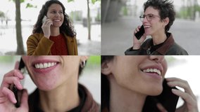 Collage of medium and close up shots of middle-aged Caucasian short-cut woman in spectacles and beautiful curly girl in sand jacket being outside, talking on phone. Lifestyle, communication concept