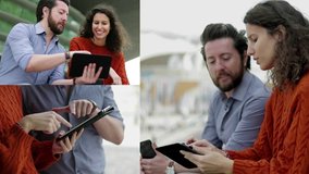 Collage of side and bottom views of serious middle-aged Caucasian man in blue shirt discussing project on tablet with curly Caucasian woman in maroon sweater. Work, communication concept