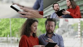 Collage of medium and close up shots of serious middle-aged Caucasian man in blue shirt discussing project on tablet with curly Caucasian woman in maroon sweater. Work, communication concept