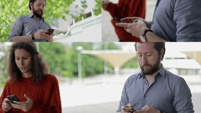 Collage of medium and close up shots of serious middle-aged Caucasian man in blue shirt and curly Caucasian woman in maroon sweater walking outside, texting on phones. Work, communication concept