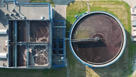 Water Treatment Plant with Round Cylinder of Clarifier Sedimentation Tank, Aerial Top View.