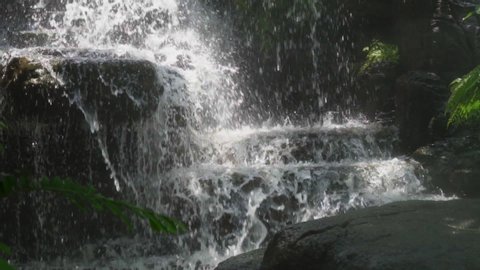 Scenic nature of beautiful waterfall in wild jungle forest environment. Travel and adventure. Slow motion shot.