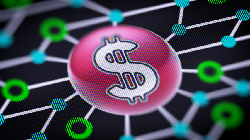 Dollar icon. Circuit board in the screen. Looping footage with codec Prores 4444.