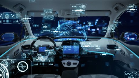 Automotive technology concept. Cockpit of autonomous car.