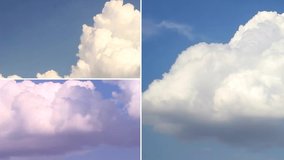 Blue summer, sunny lightness sky with building, formating clouds time lapse, nature beautiful colors, white big puffy, fluffy cloudscape. Collage video. #FHD.